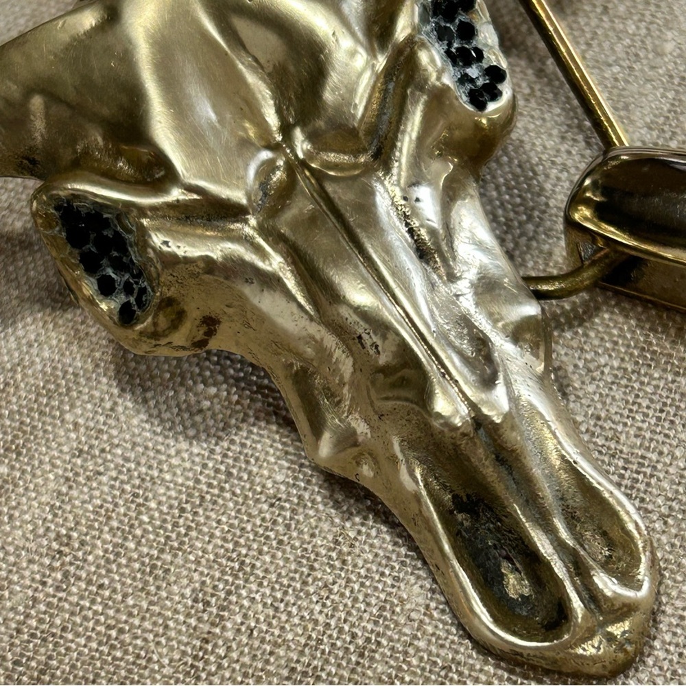 Vintage Longhorn Bull Skull Brass Belt Buckle Black Crystal Eyes - Picture 3 of 13